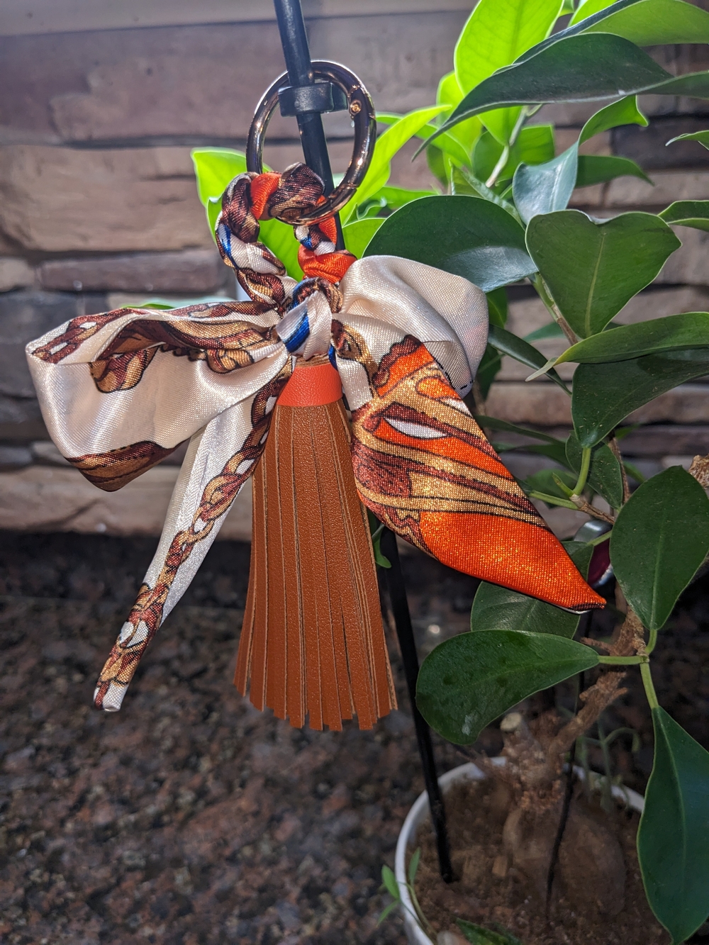 Leather Tassel Keychain with Silk Scarf Accent - Brown & Orange